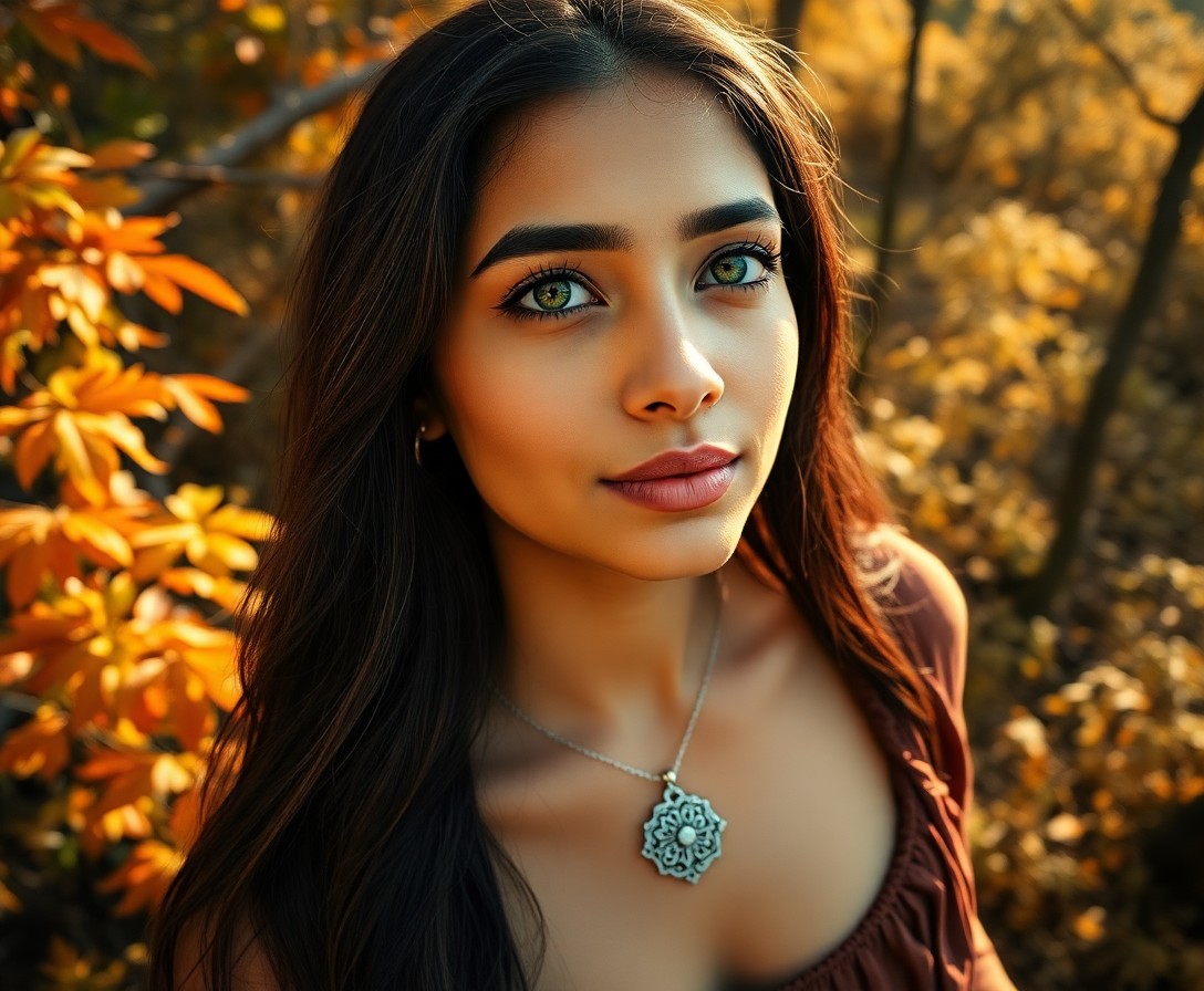 AI generated art for prompt: A photorealistic portrait photograph captures a South Asian woman with vibrant green eyes and delica