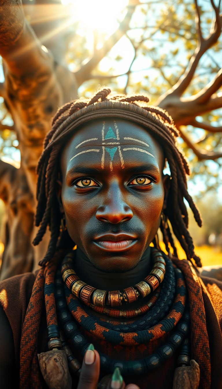 AI generated art for prompt: Envision an ultrarealistic portrait of an enigmatic African tribal shaman, his piercing green eyes e