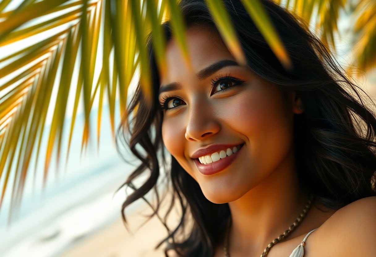 AI generated art for prompt: Craft a photorealistic portrait of an enchanting Pacific Islander woman using a digital camera. Her 