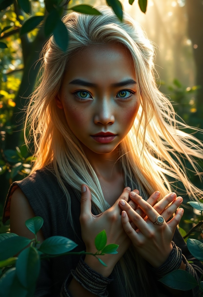 AI generated art for prompt: Craft a photorealistic portrait photograph showcasing an East Asian woman with captivating green eye