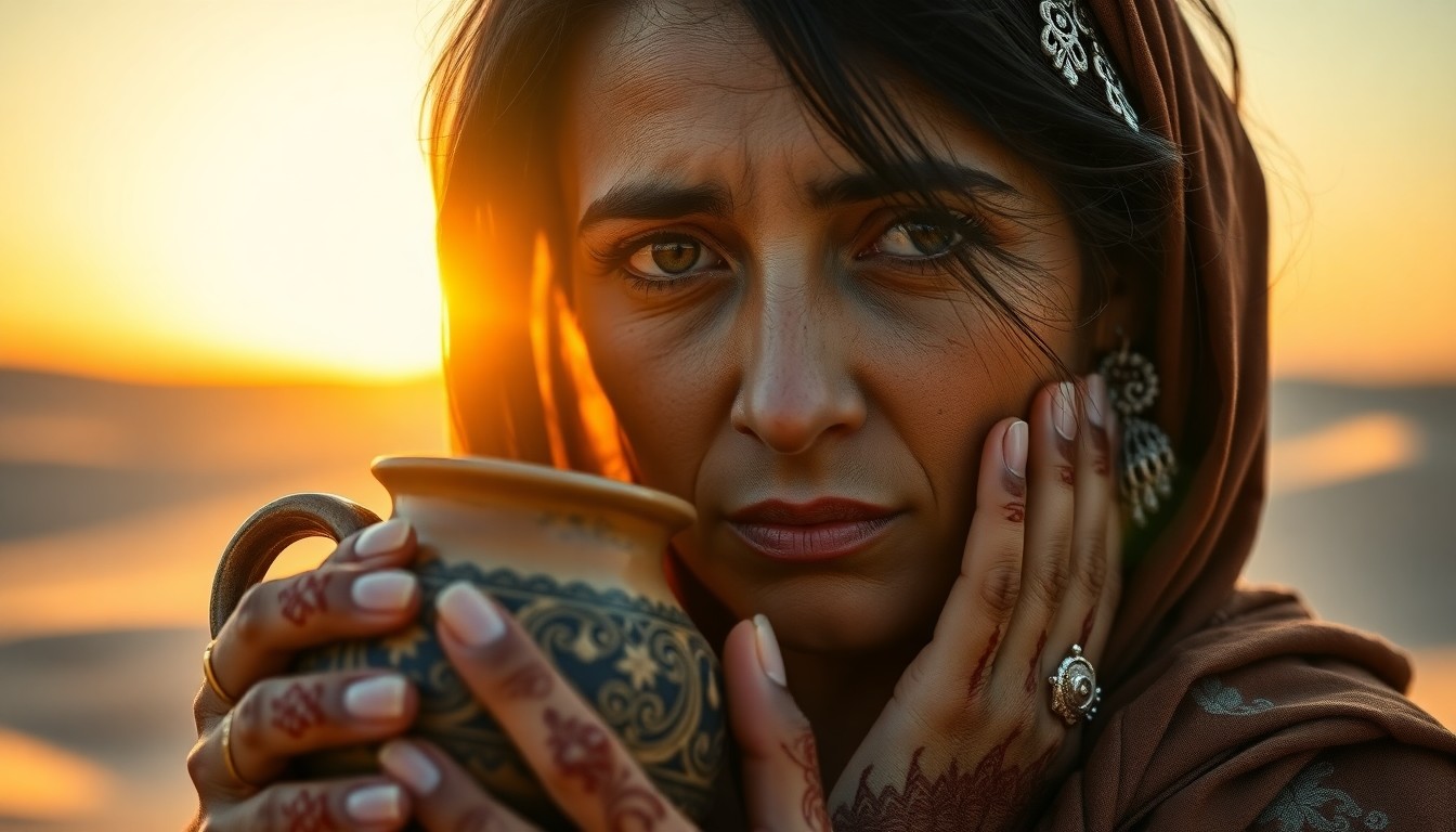 AI generated art for prompt: A serene Middle Eastern woman with deep brown eyes and intricate henna designs on her hands delicate