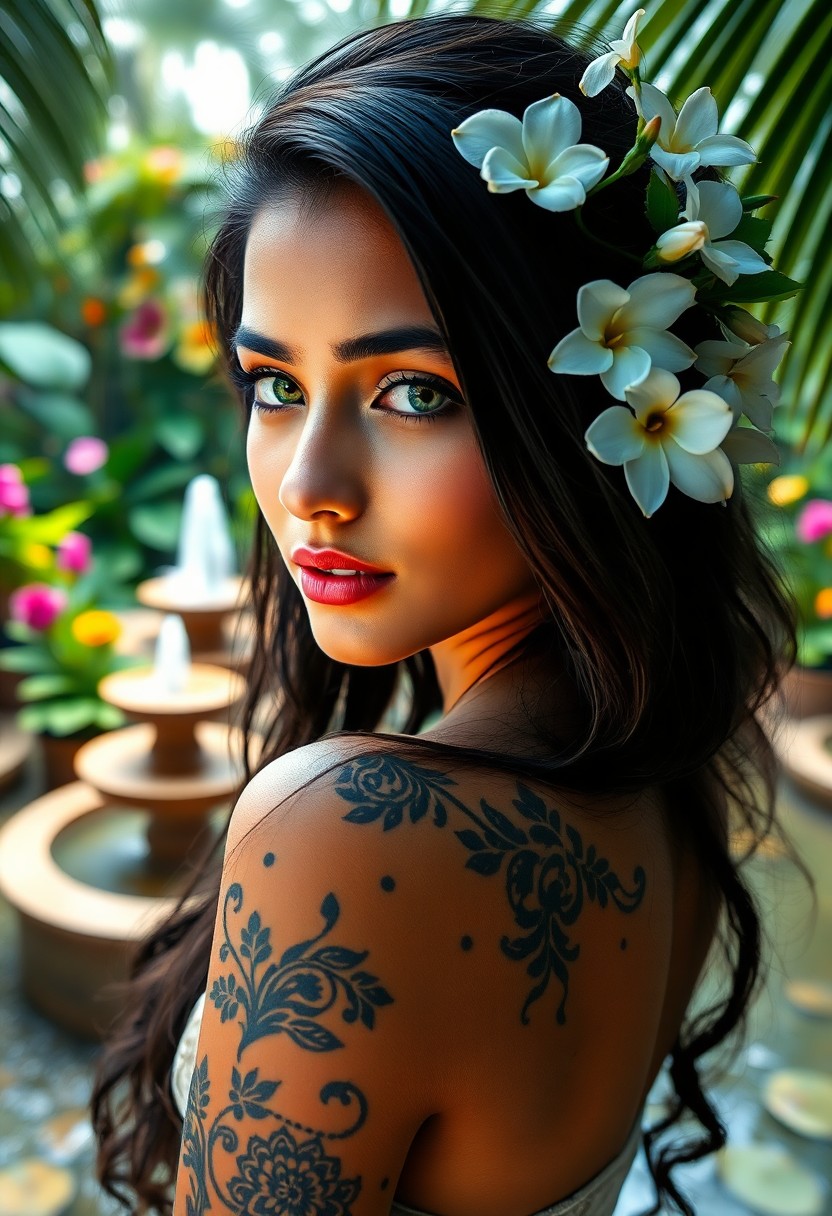 AI generated art for prompt: Envision a photorealistic portrait of a young South Asian woman with captivating green eyes and casc