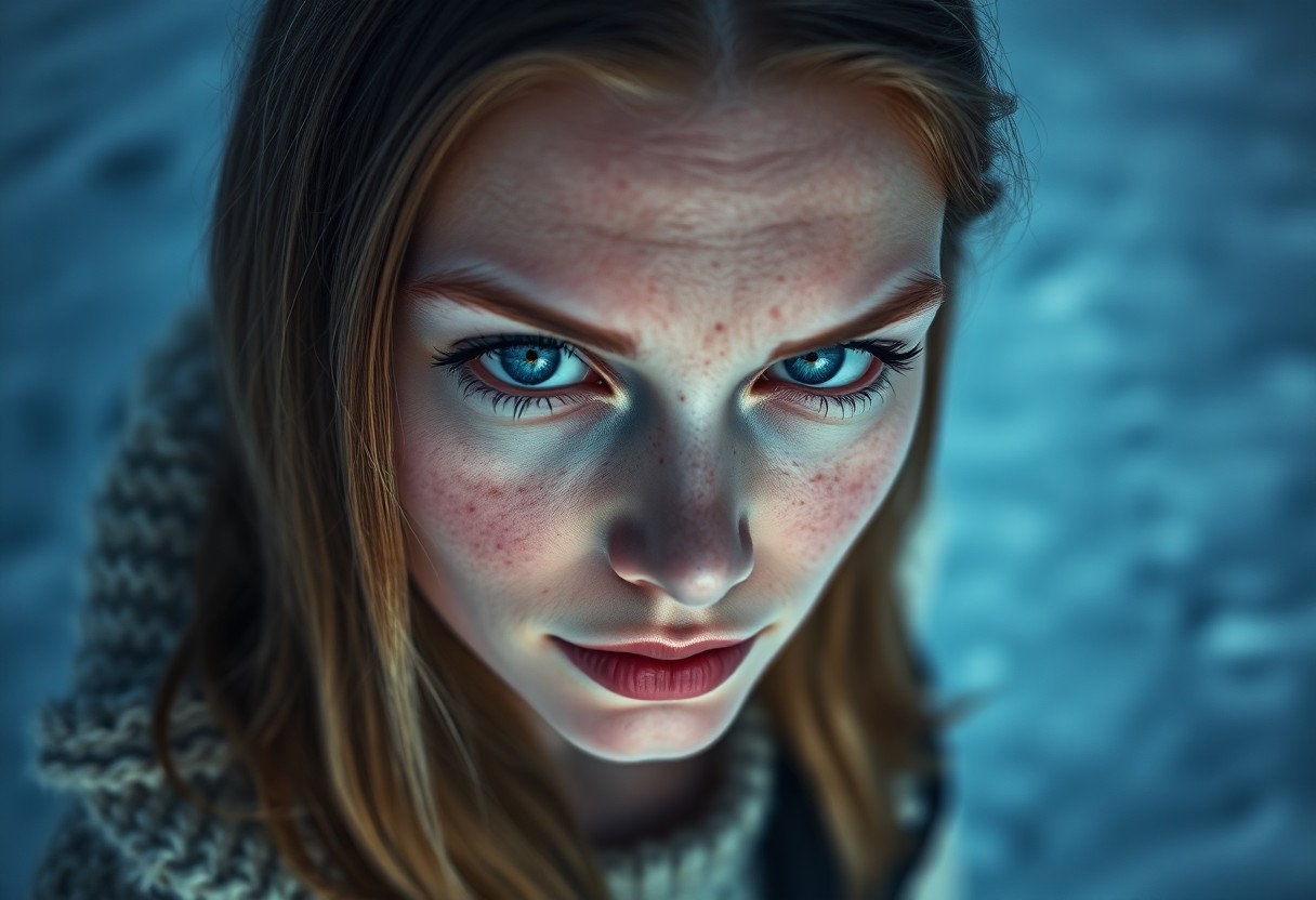 AI generated art for prompt: A mirrorless camera captures a captivating portrait of a European woman with striking blue eyes and 