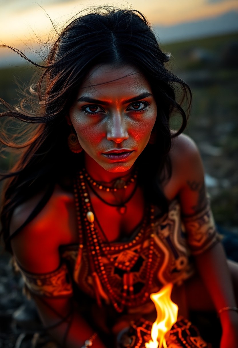 AI generated art for prompt: Visualize a photorealistic portrait of a Native American woman, captured from an aerial viewpoint ju