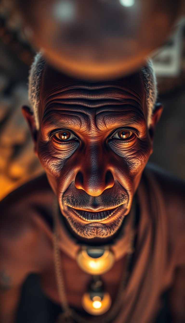 AI generated art for prompt: Imagine a captivating portrait photograph of an African elder with deep chocolate brown eyes and smo