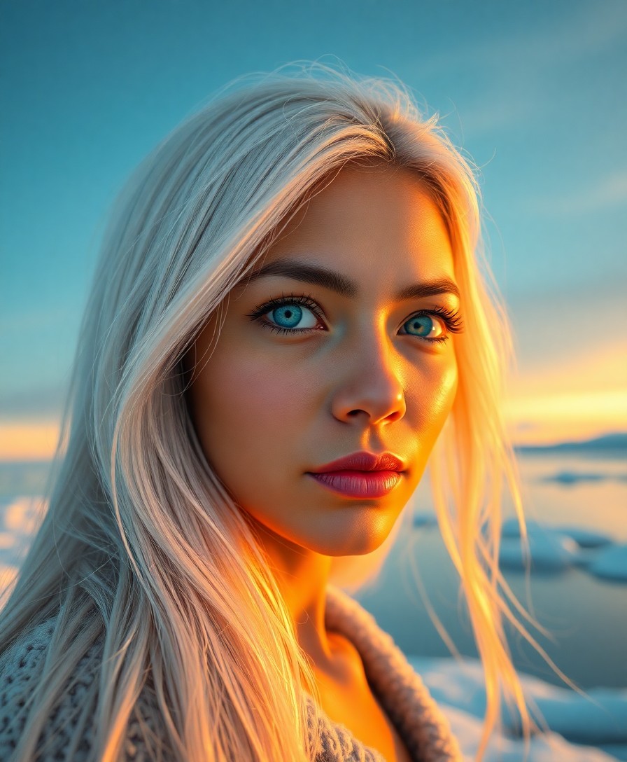 AI generated art for prompt: Visualize a hyperrealistic portrait of a Pacific Islander woman with piercing blue eyes and flowing 