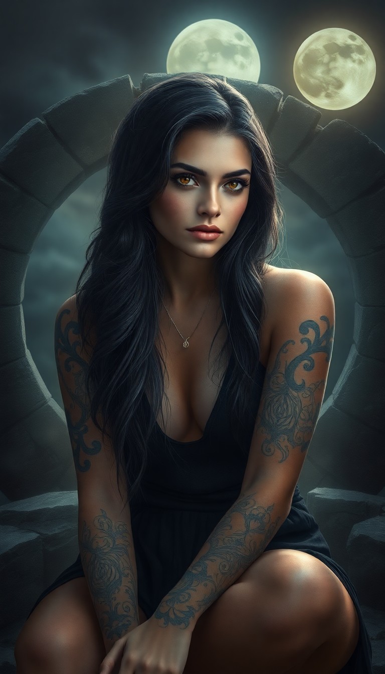 AI generated art for prompt: A photorealistic portrait depicts a mysterious Hispanic woman with captivating amber eyes and cascad