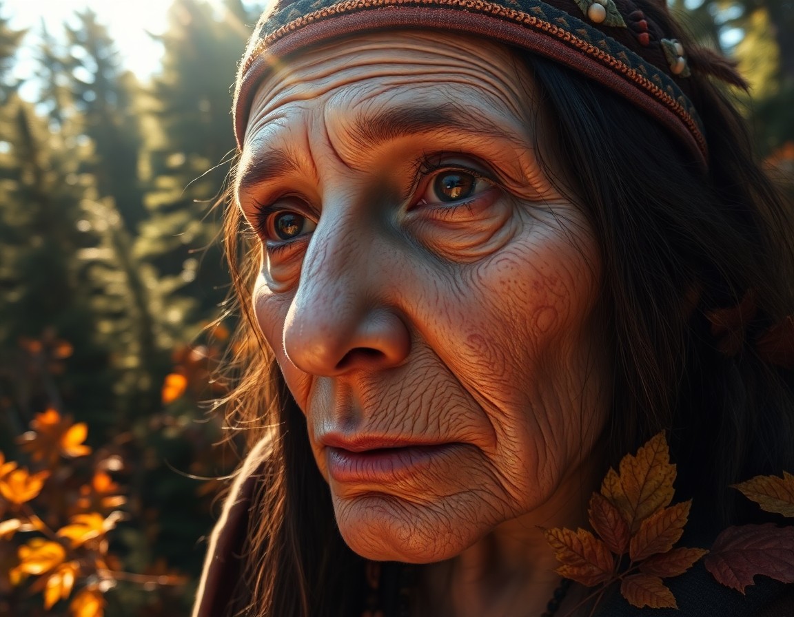 AI generated art for prompt: Imagine a super-realistic portrait of an enigmatic Native American woman with deep brown eyes adorne