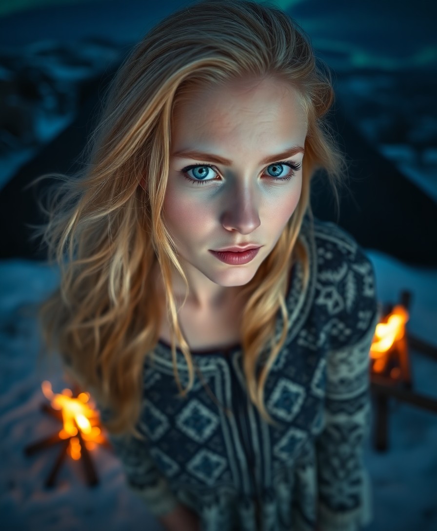 AI generated art for prompt: A mirrorless camera captures a mesmerizing portrait of an enigmatic Nordic woman with piercing blue 