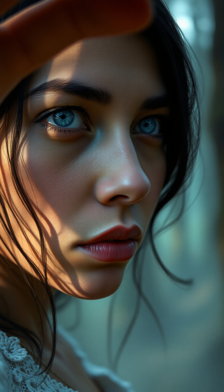 AI generated art for prompt: Envision a photorealistic portrait of an enigmatic Hispanic woman with piercing ice-blue eyes and ra