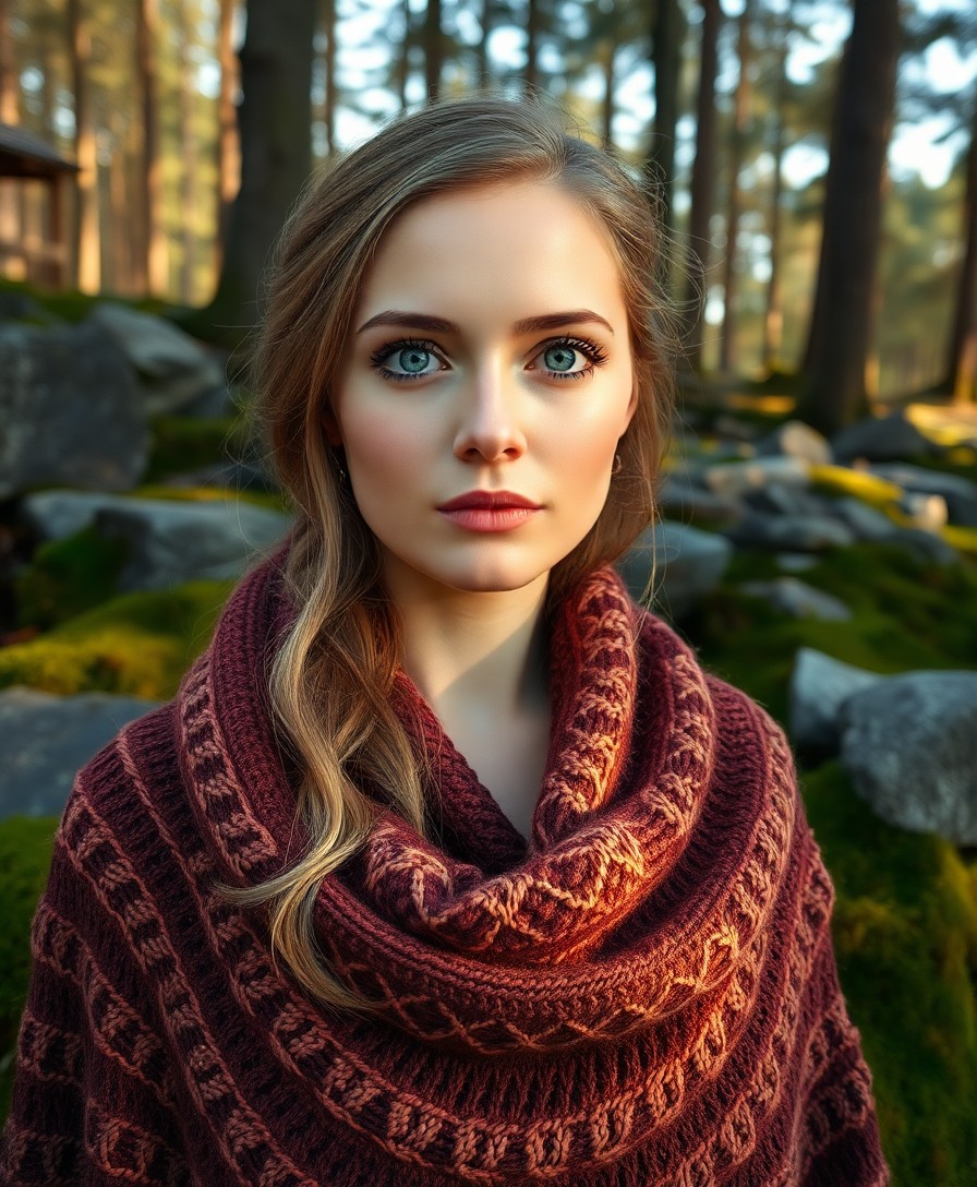 AI generated art for prompt: Envision a photorealistic portrait of a peaceful Nordic woman with piercing blue eyes, an elegant no