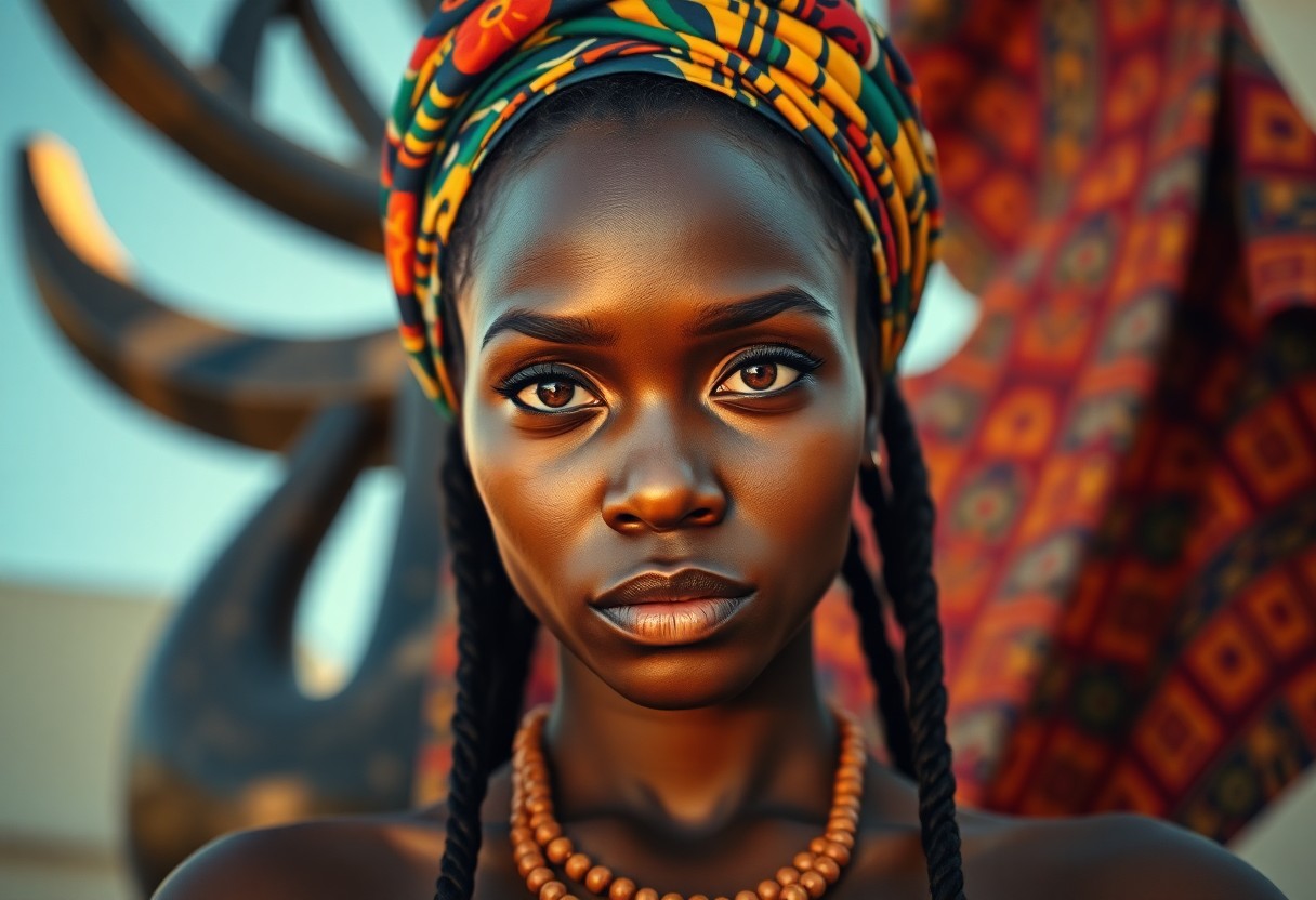 AI generated art for prompt: A mirrorless camera captures a photorealistic portrait of an African woman with an enigmatic express