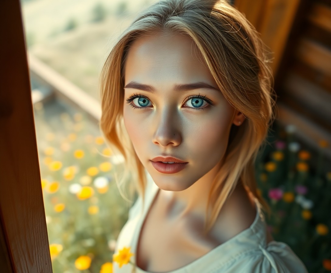 AI generated art for prompt: A photorealistic portrait photograph depicts an East Asian woman with striking blue eyes and golden 