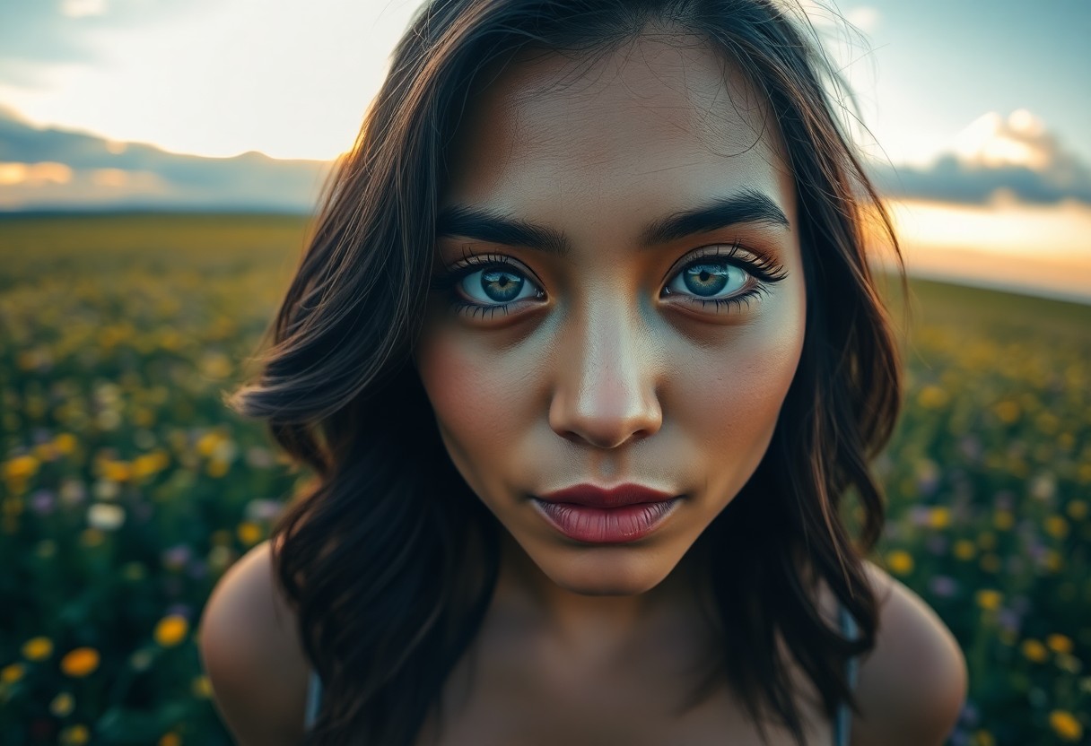 AI generated art for prompt: An ultrarealistic portrait showcases a captivating Pacific Islander woman with piercing blue eyes an