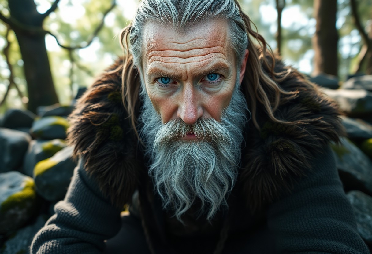 AI generated art for prompt: An aerial portrait of a Nordic man with piercing ice-blue eyes and a pristine white beard showcases 