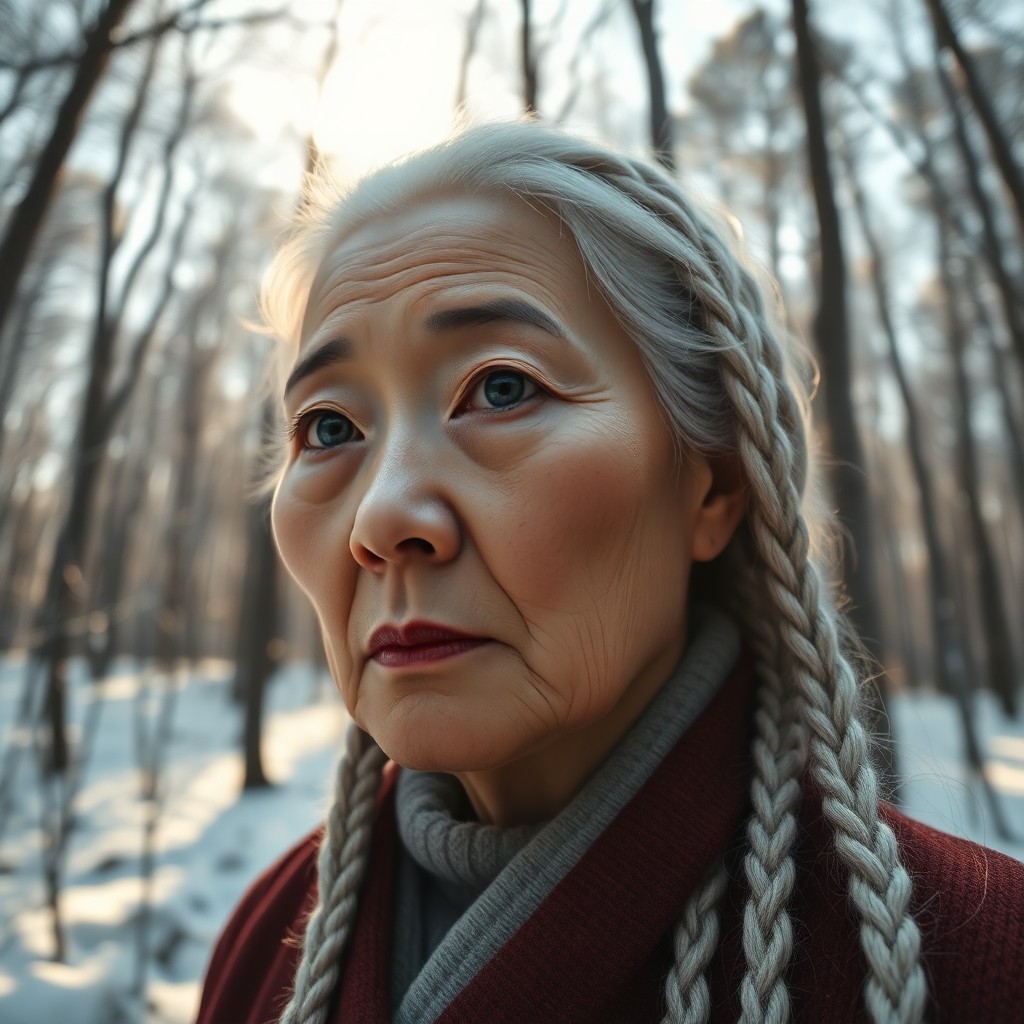 AI generated art for prompt: A photorealistic portrait depicts an East Asian elder with fair skin, striking blue eyes, and intric