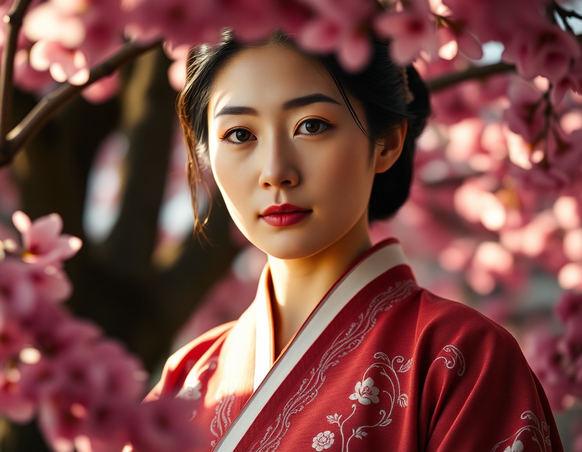 AI generated art for prompt: A portrait photograph, illuminated by soft diffused light filtering through cherry blossom trees, ca