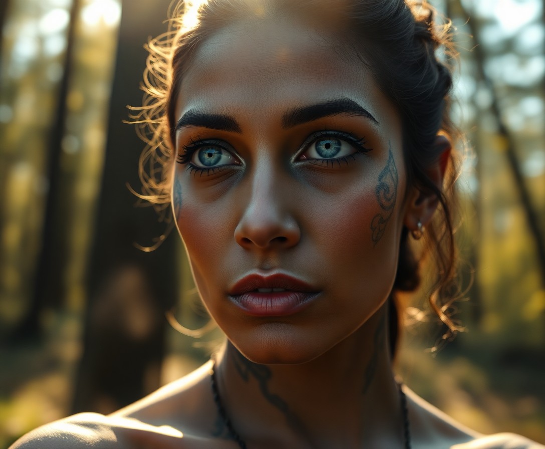 AI generated art for prompt: Enigmatic South Asian woman with piercing blue eyes and a high forehead gazes into the distance, her