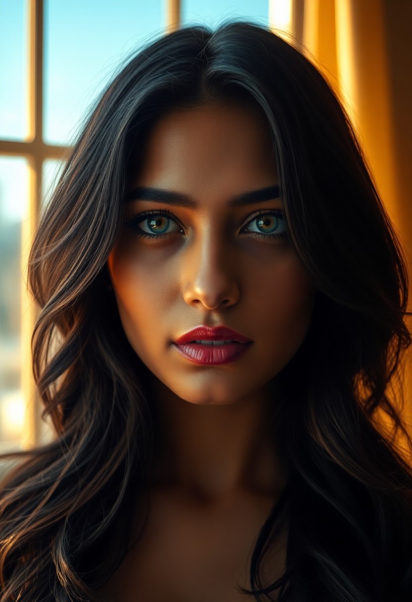 AI generated art for prompt: Craft a hyper-realistic portrait of an enigmatic South Asian woman with piercing ice-blue eyes and c