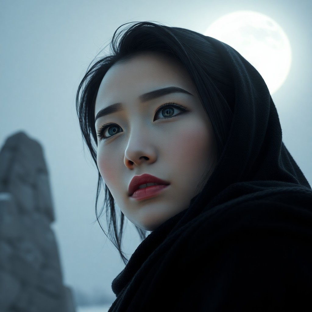 AI generated art for prompt: Craft a hyperrealistic portrait of an East Asian woman with ice-blue eyes and thick dark lashes and 