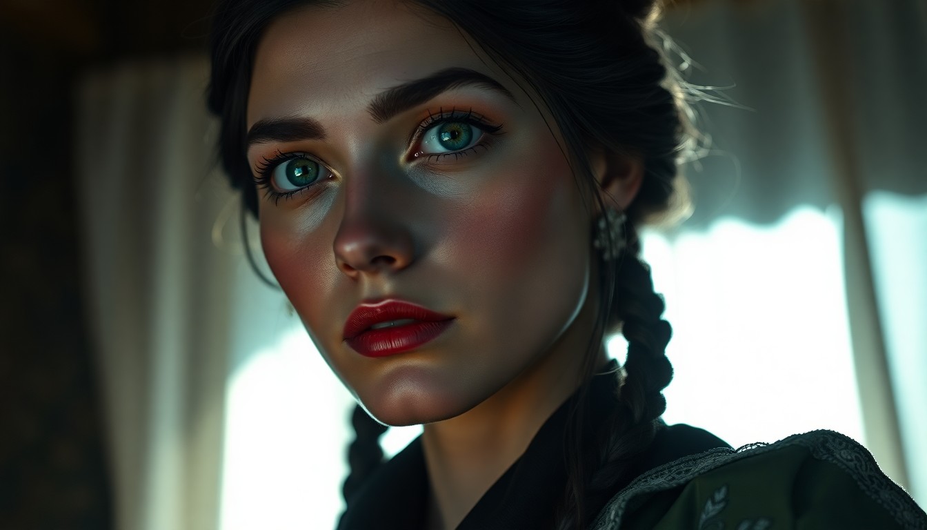 AI generated art for prompt: Craft a photorealistic portrait of an enigmatic Eastern European woman with striking emerald eyes an