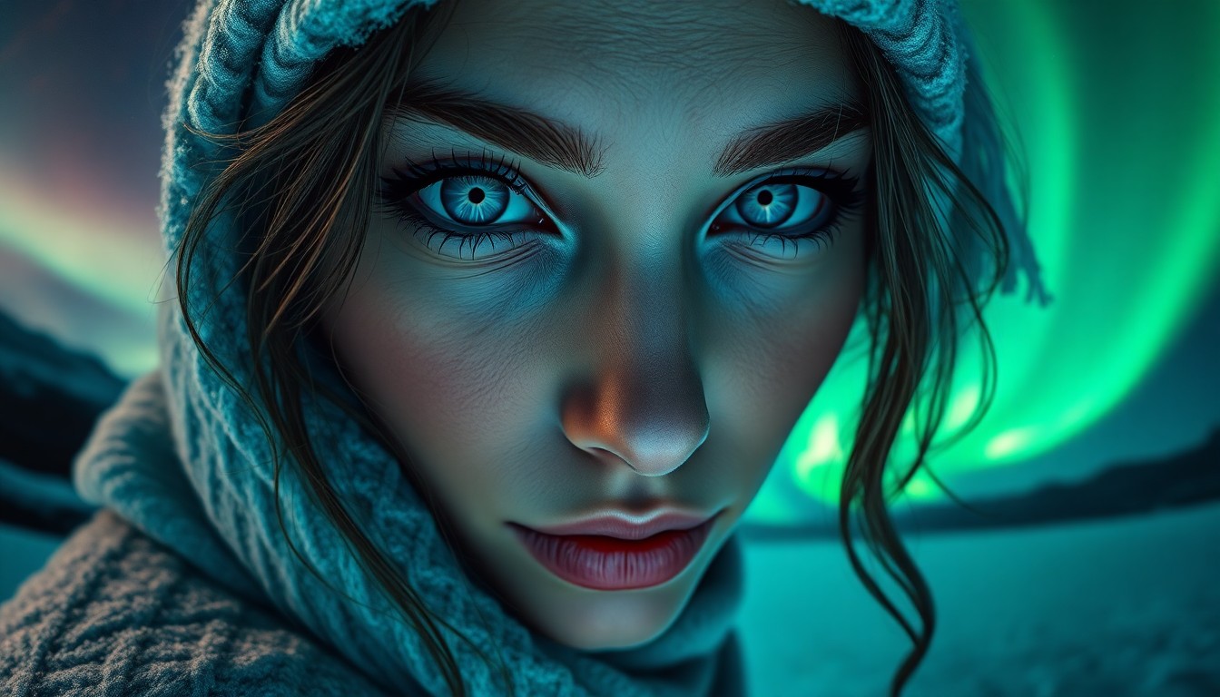 AI generated art for prompt: Envision a photorealistic portrait of an enigmatic Middle Eastern woman with piercing blue eyes and 