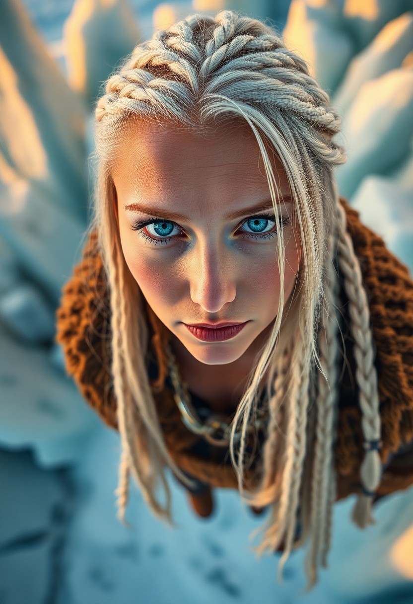 AI generated art for prompt: Craft a photorealistic portrait photograph showcasing an enigmatic European woman with piercing ice-