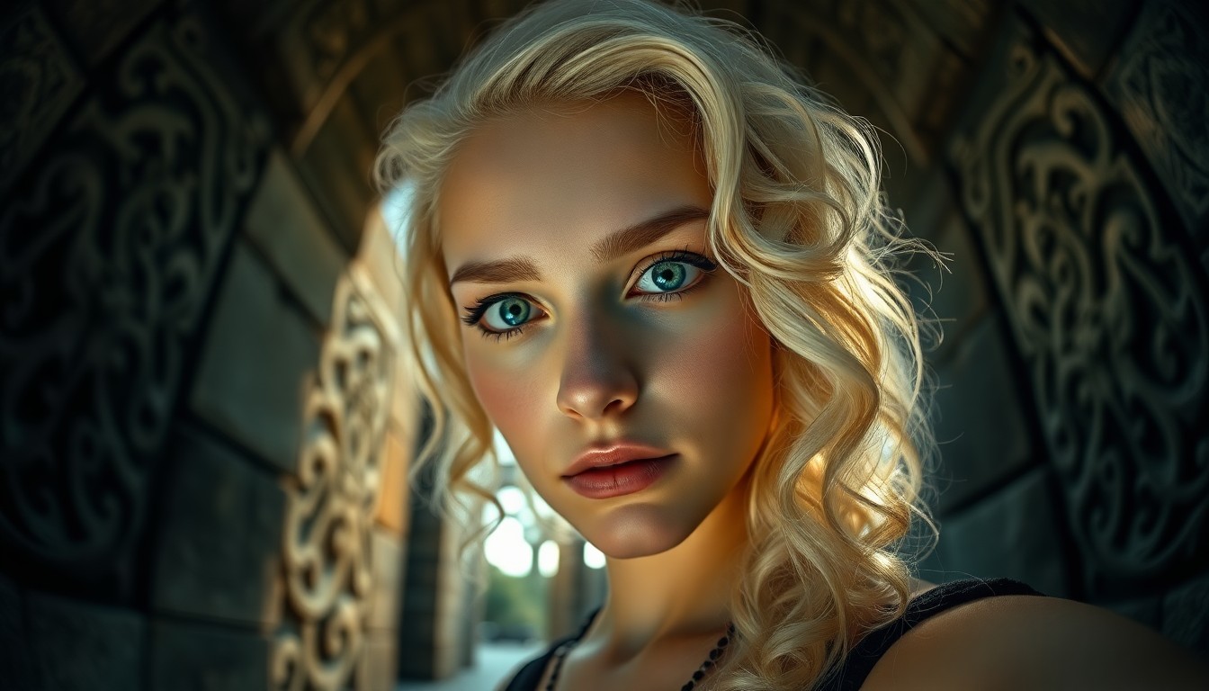 AI generated art for prompt: Craft a photorealistic portrait photograph showcasing an enigmatic Slavic woman with striking green 