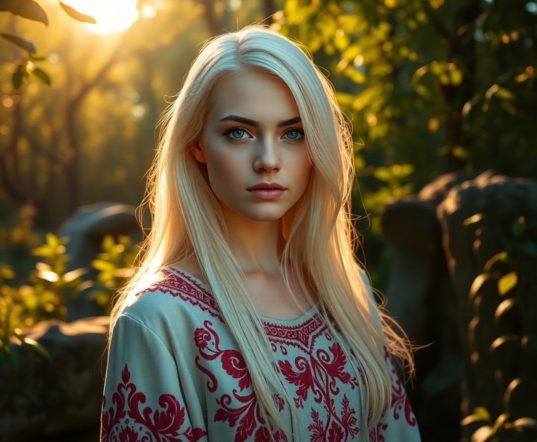 AI generated art for prompt: Create an immersive film camera portrait of a Slavic woman with icy blue eyes and waist-length plati