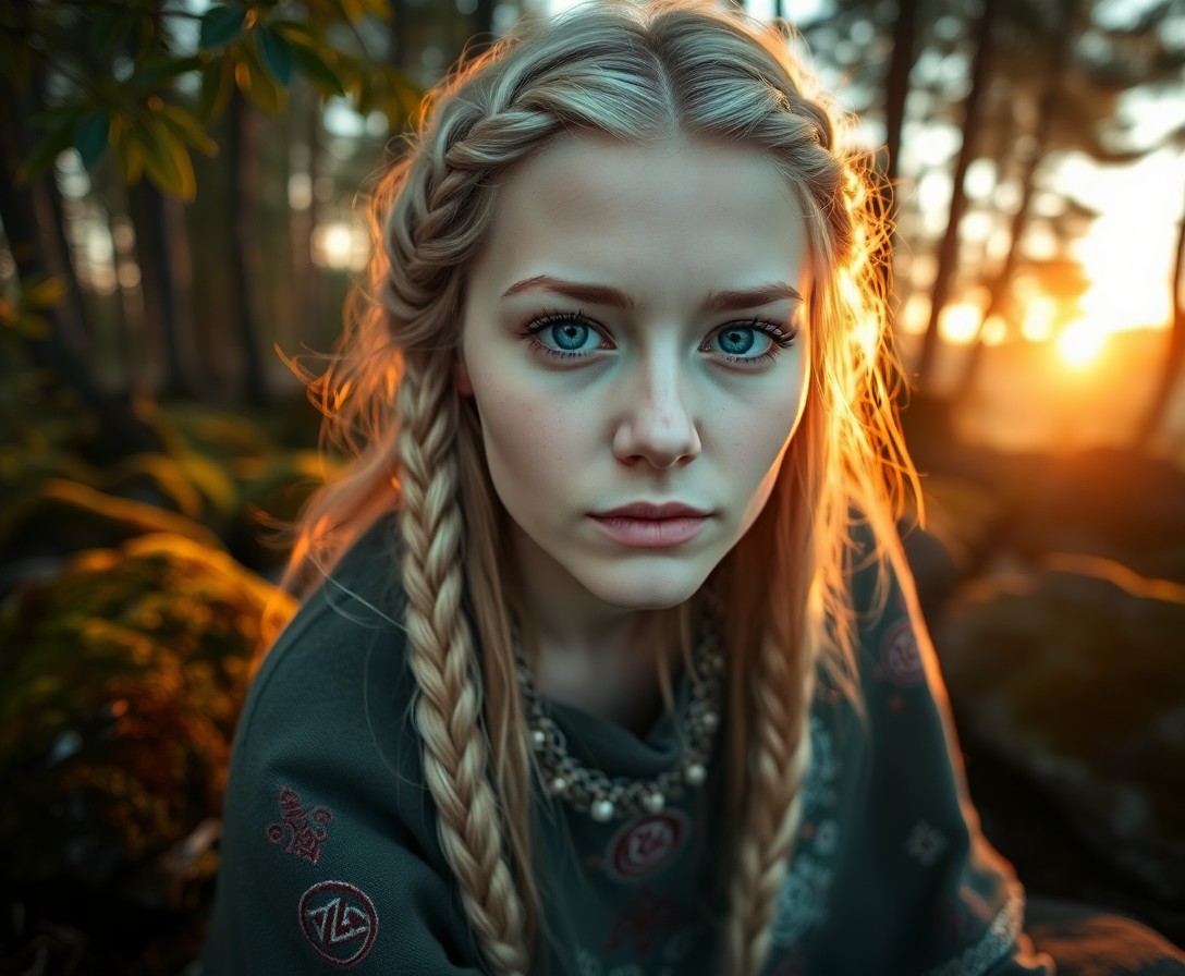 AI generated art for prompt: Envision a hyperrealistic portrait of a Nordic woman with striking icy blue eyes and long golden hai