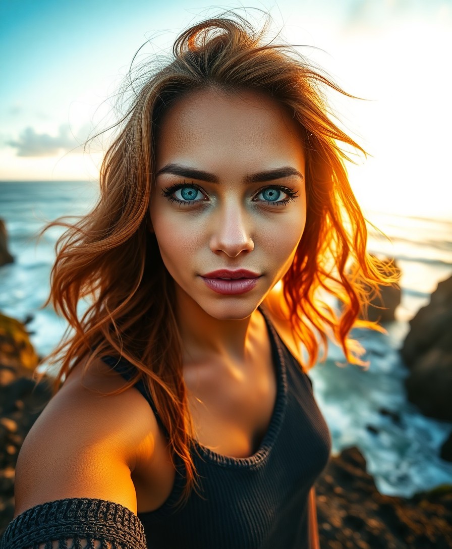 AI generated art for prompt: Envision a Hispanic woman with captivating blue eyes and sun-kissed skin, her wavy auburn hair flowi