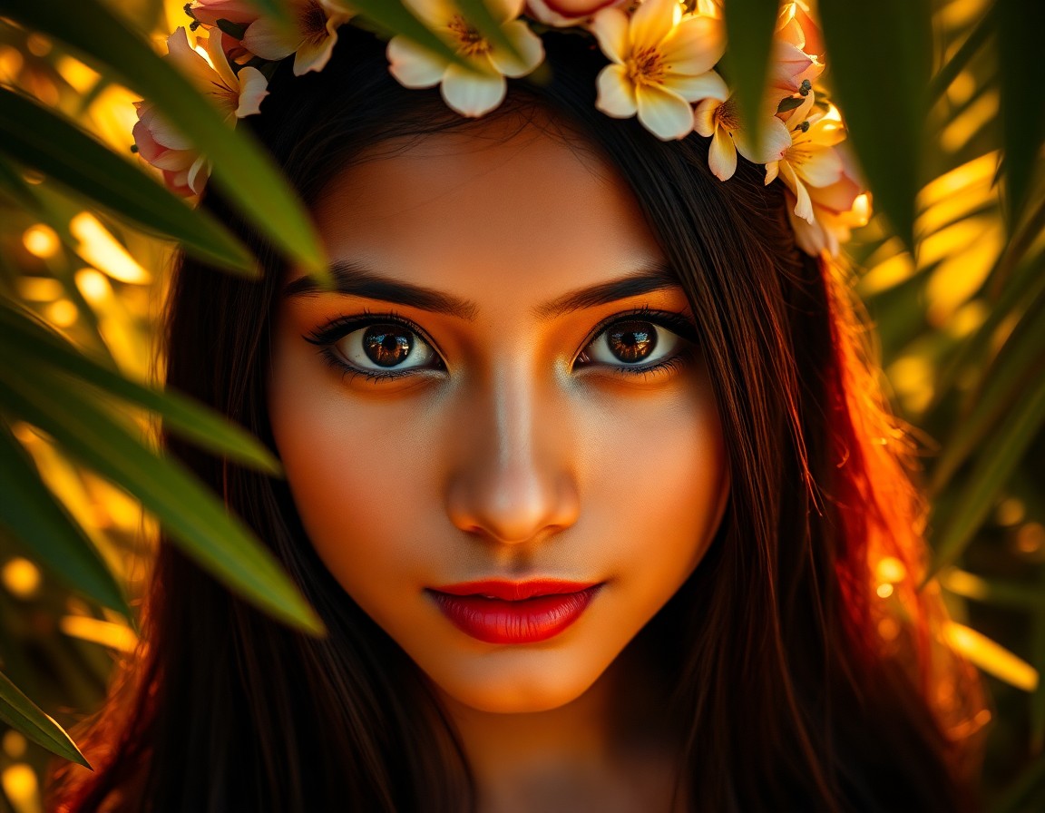 AI generated art for prompt: A photorealistic portrait photograph captures a young South Asian woman's enigmatic gaze, her almond