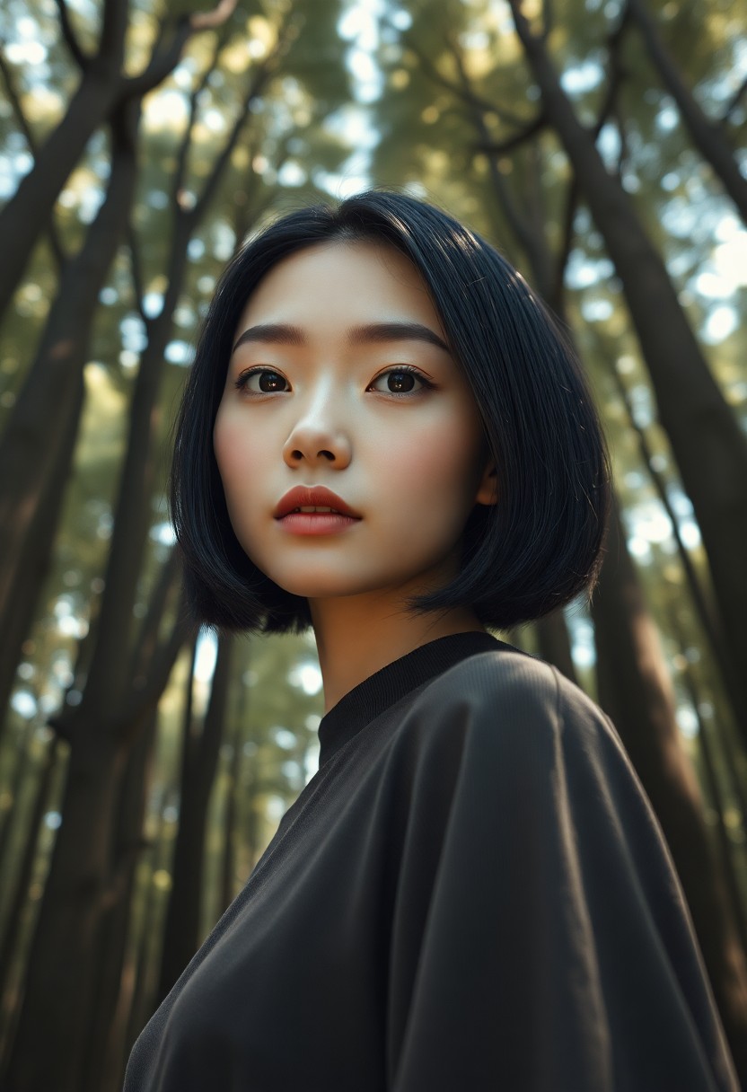 AI generated art for prompt: A photorealistic portrait photograph showcases an East Asian woman with almond-shaped eyes and sleek