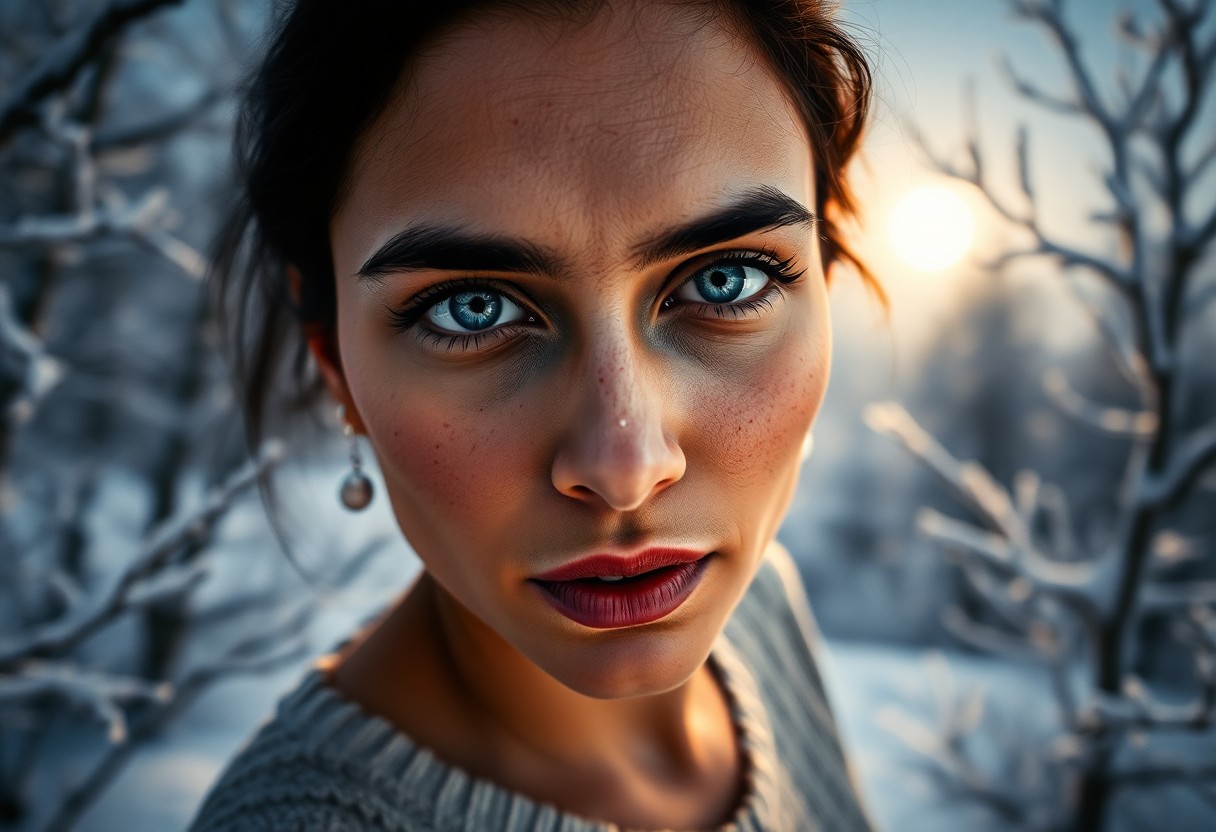 AI generated art for prompt: Imagine a portrait photograph of a South Asian woman with striking blue eyes set against frosty wint