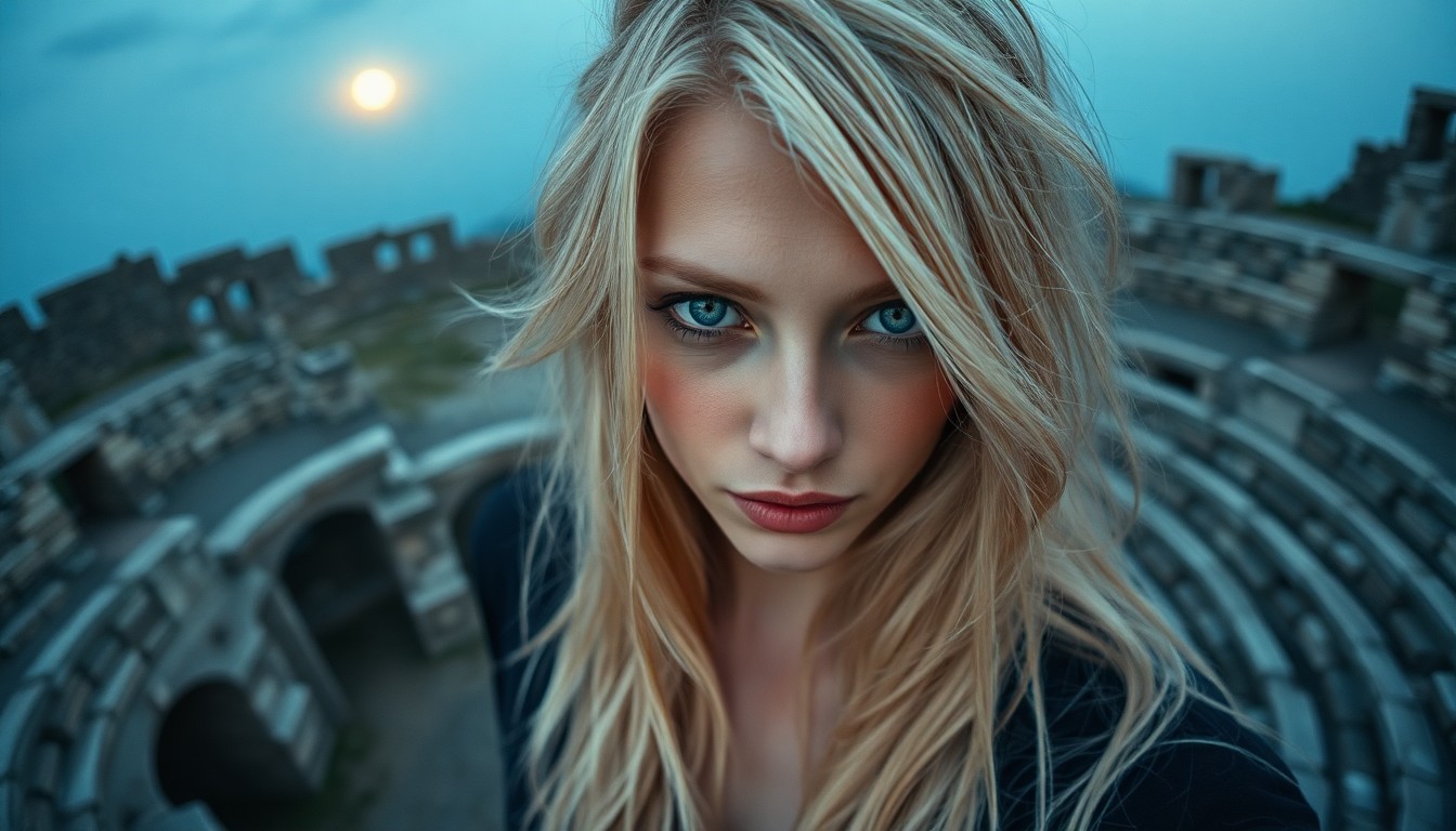 AI generated art for prompt: A Nordic woman's captivating gaze, with striking blue eyes and cascading blonde hair, is captured in