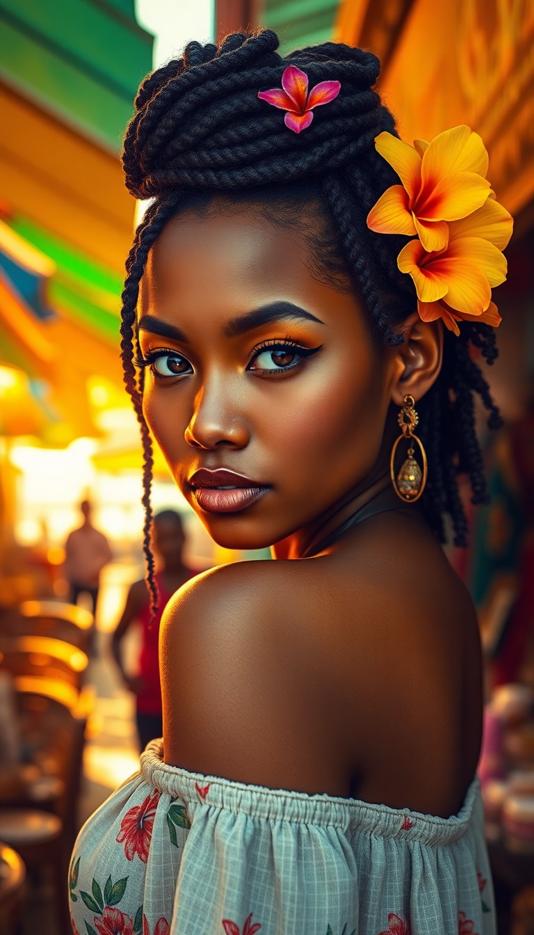 AI generated art for prompt: Envision a photorealistic portrait of an enchanting East Asian-African woman with captivating amber 