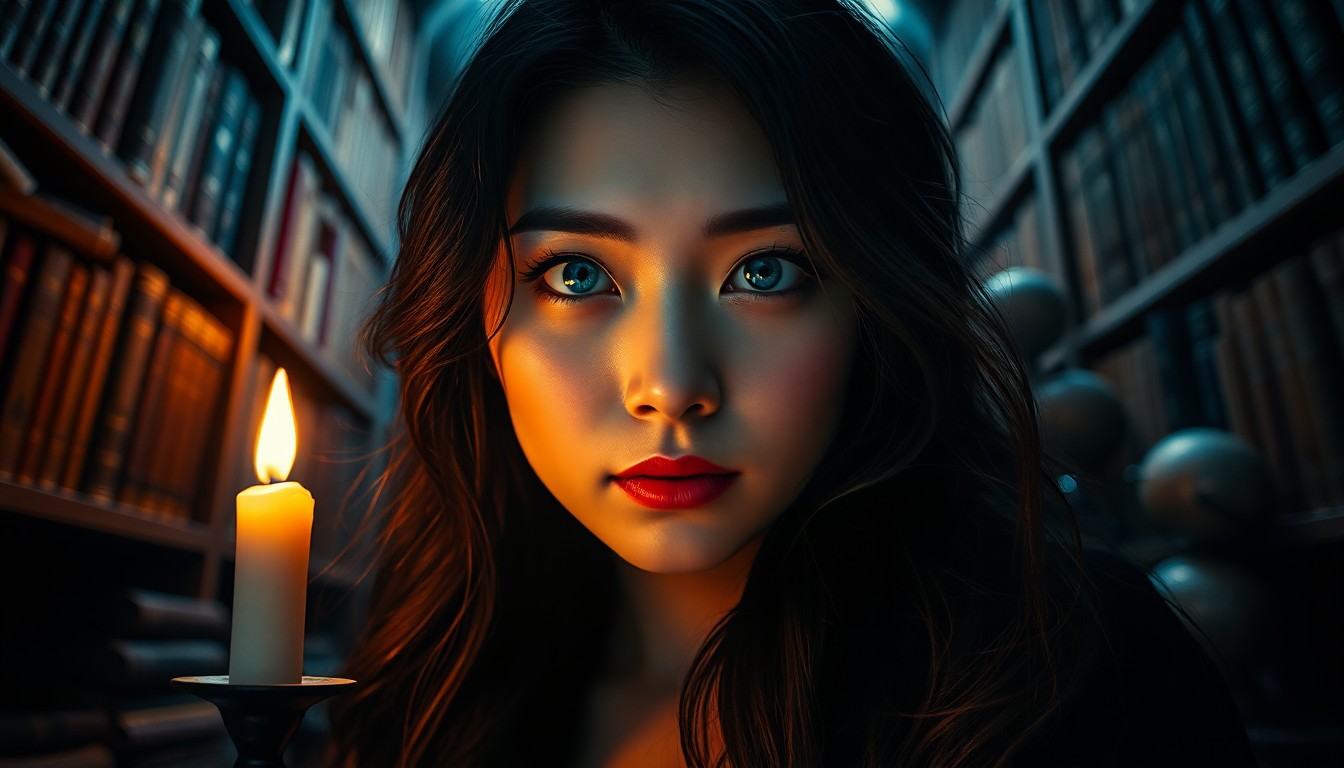 AI generated art for prompt: A photorealistic portrait photograph illuminates an enigmatic East Asian woman with captivating blue