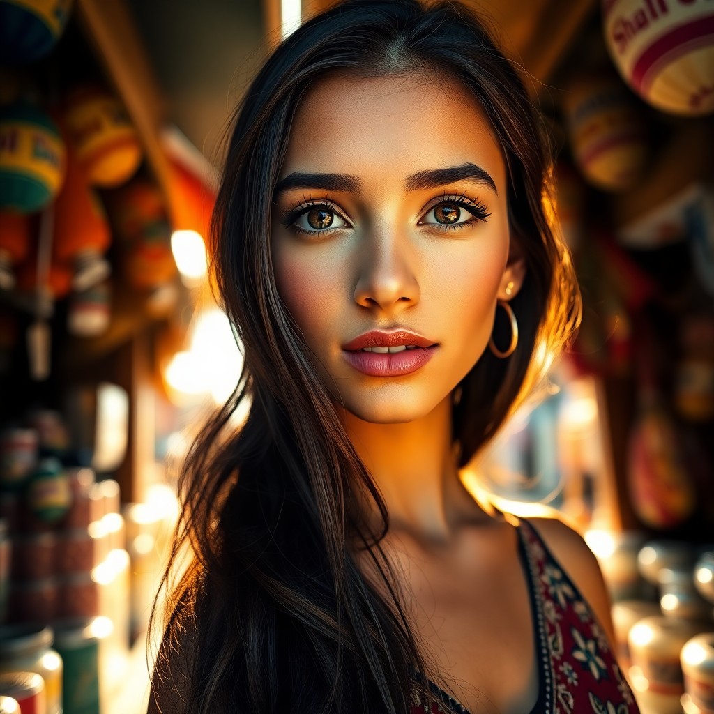 AI generated art for prompt: A portrait photograph captures the essence of a young Middle Eastern woman with captivating amber ey