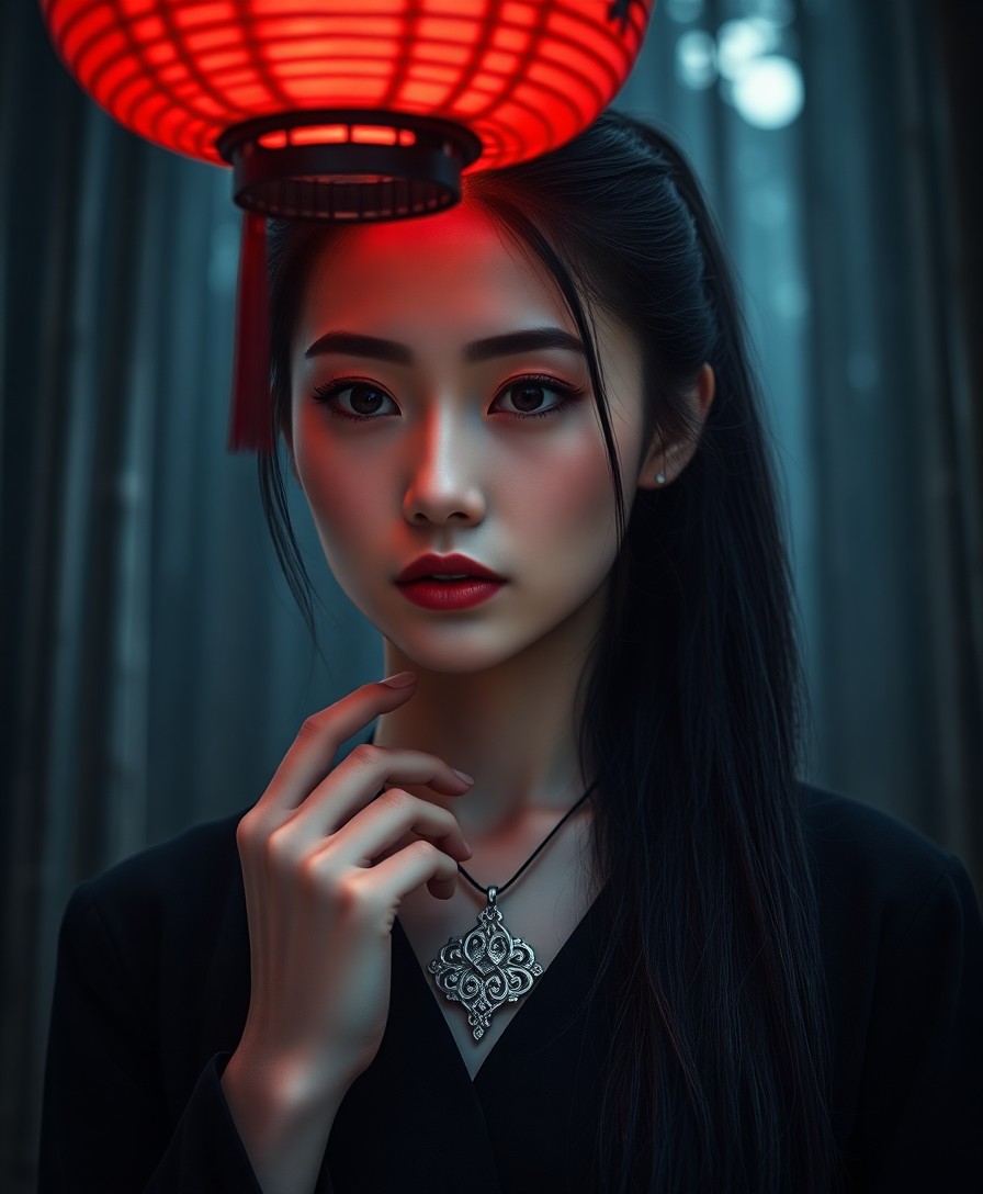 AI generated art for prompt: Envision a portrait photograph capturing an enigmatic East Asian woman with deep brown eyes and porc