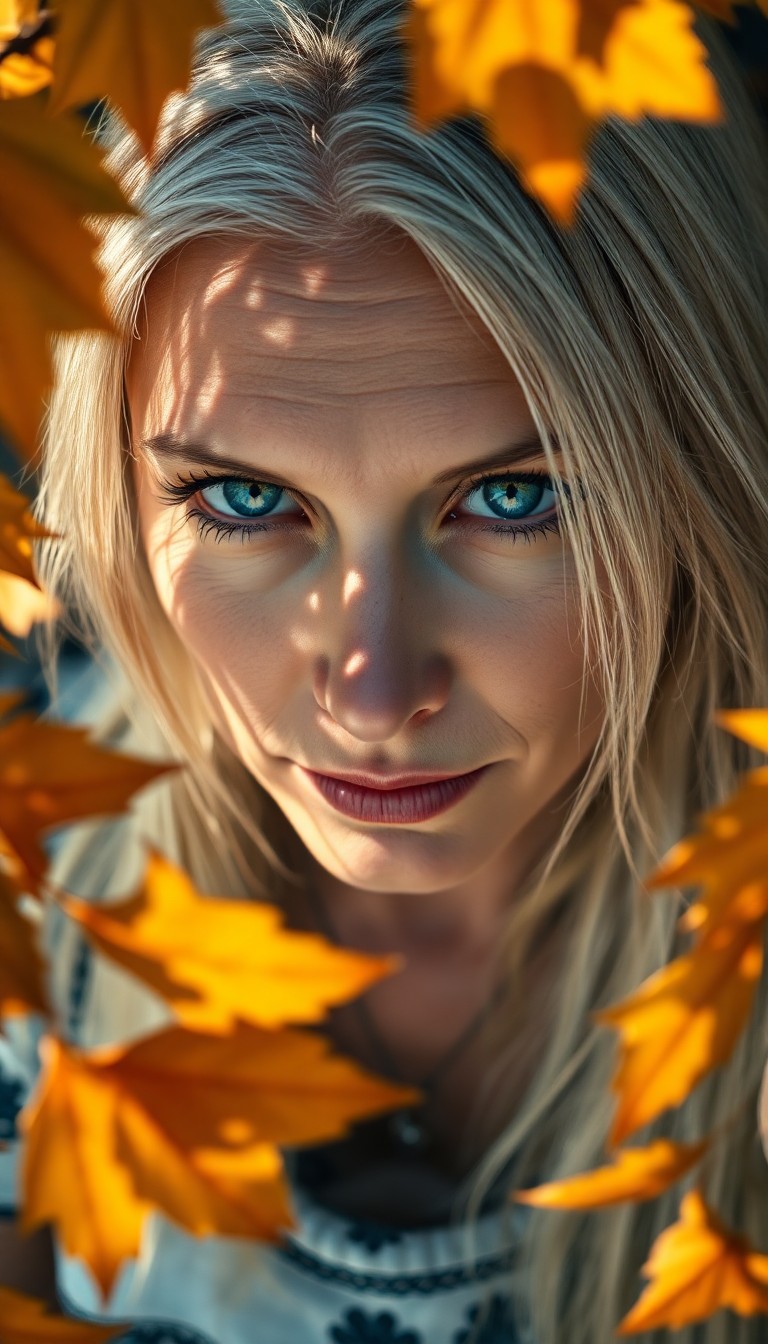 AI generated art for prompt: A photorealistic portrait photograph captures a Slavic woman's essence with deep blue eyes and silve