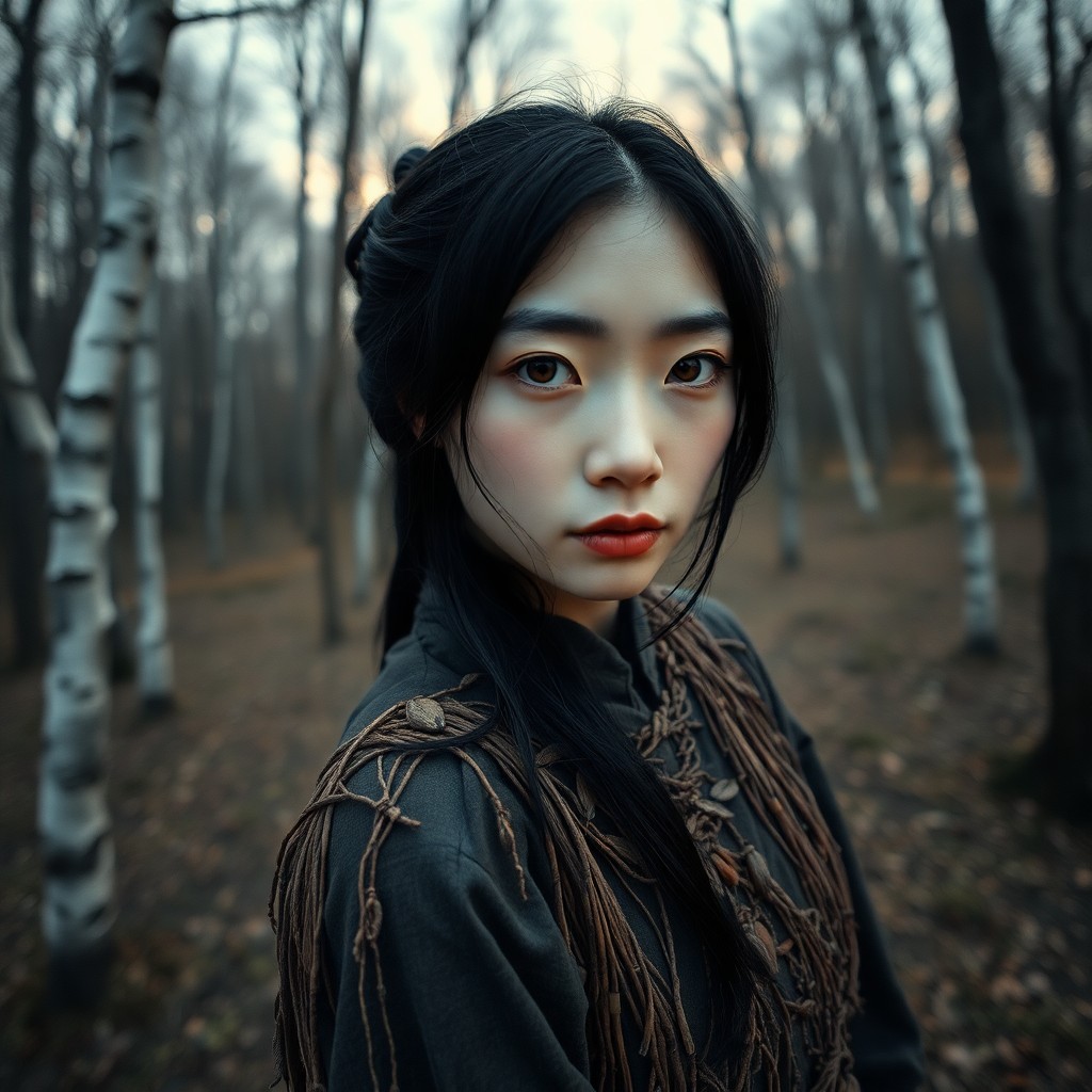 AI generated art for prompt: Envision an enigmatic portrait of an East Asian woman with porcelain skin and raven-black hair casca