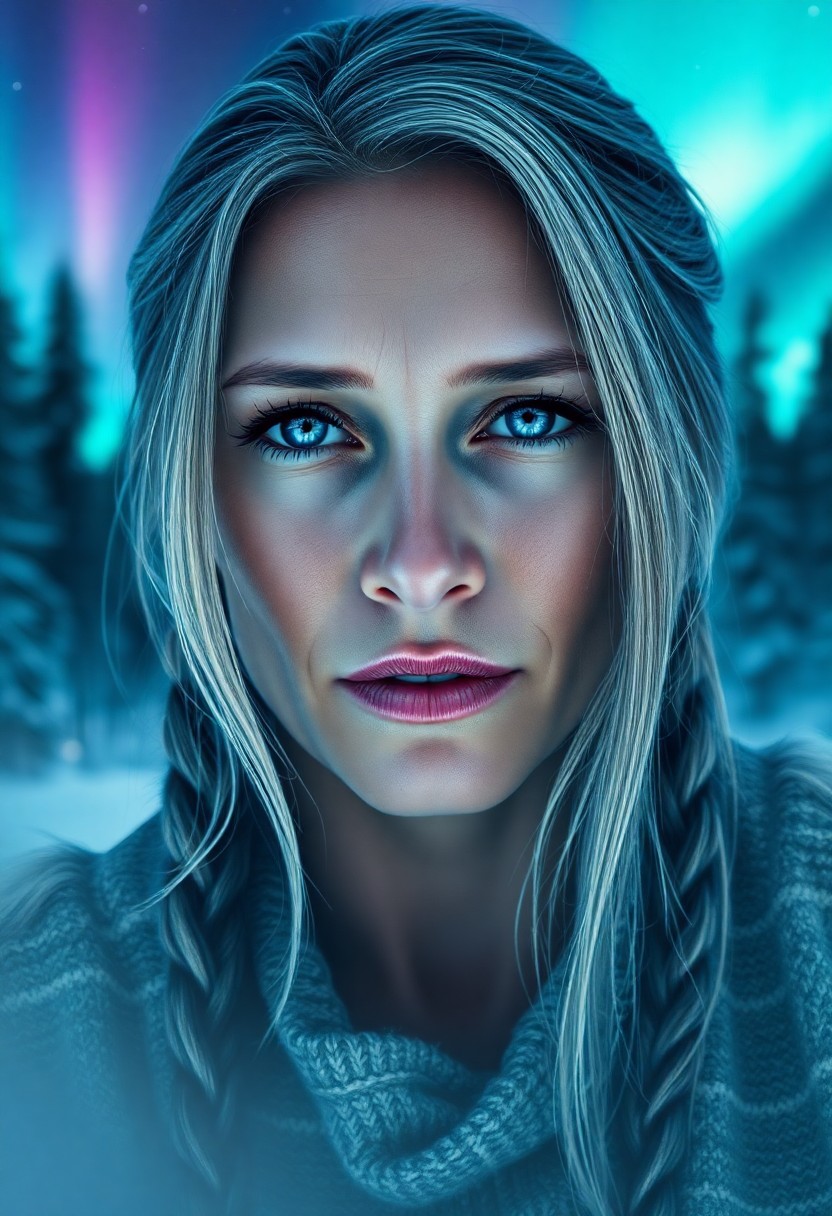 AI generated art for prompt: A portrait photograph presents a wise Native American woman with striking blue eyes and silver-strea