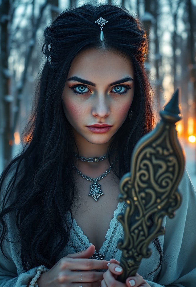 AI generated art for prompt: A photorealistic portrait photograph captures the enigmatic essence of a Slavic sorceress with pierc