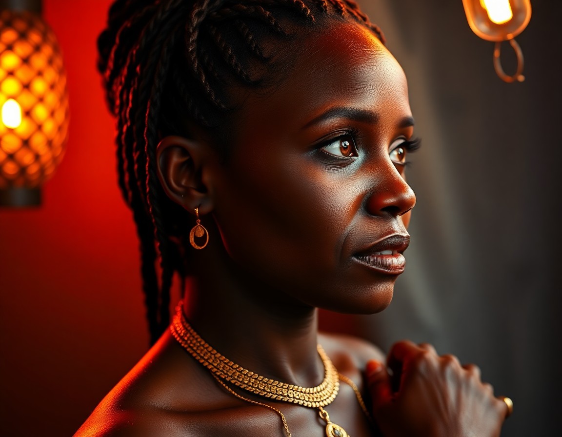 AI generated art for prompt: A captivating portrait photograph showcases a middle-aged African woman exuding an enigmatic allure 