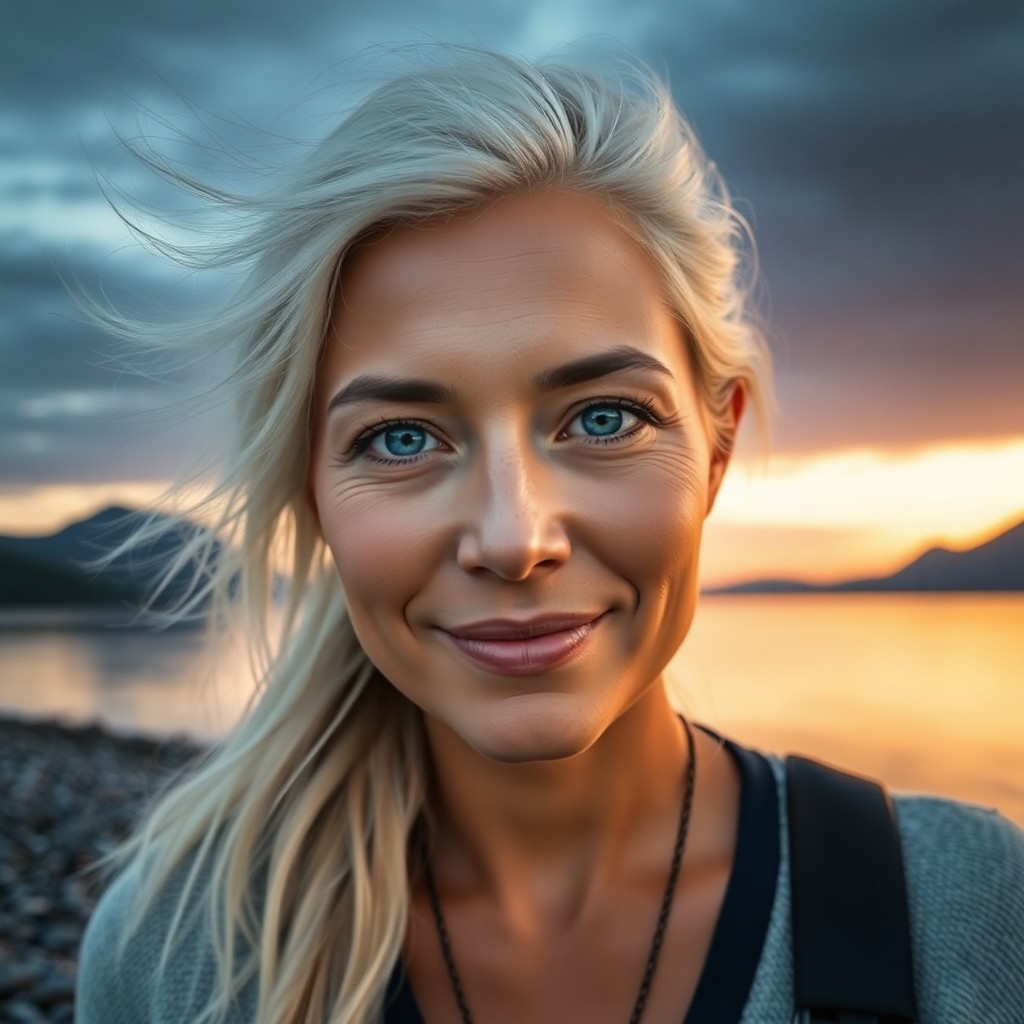 AI generated art for prompt: A photorealistic portrait of a Pacific Islander woman in her forties reveals striking blue eyes and 