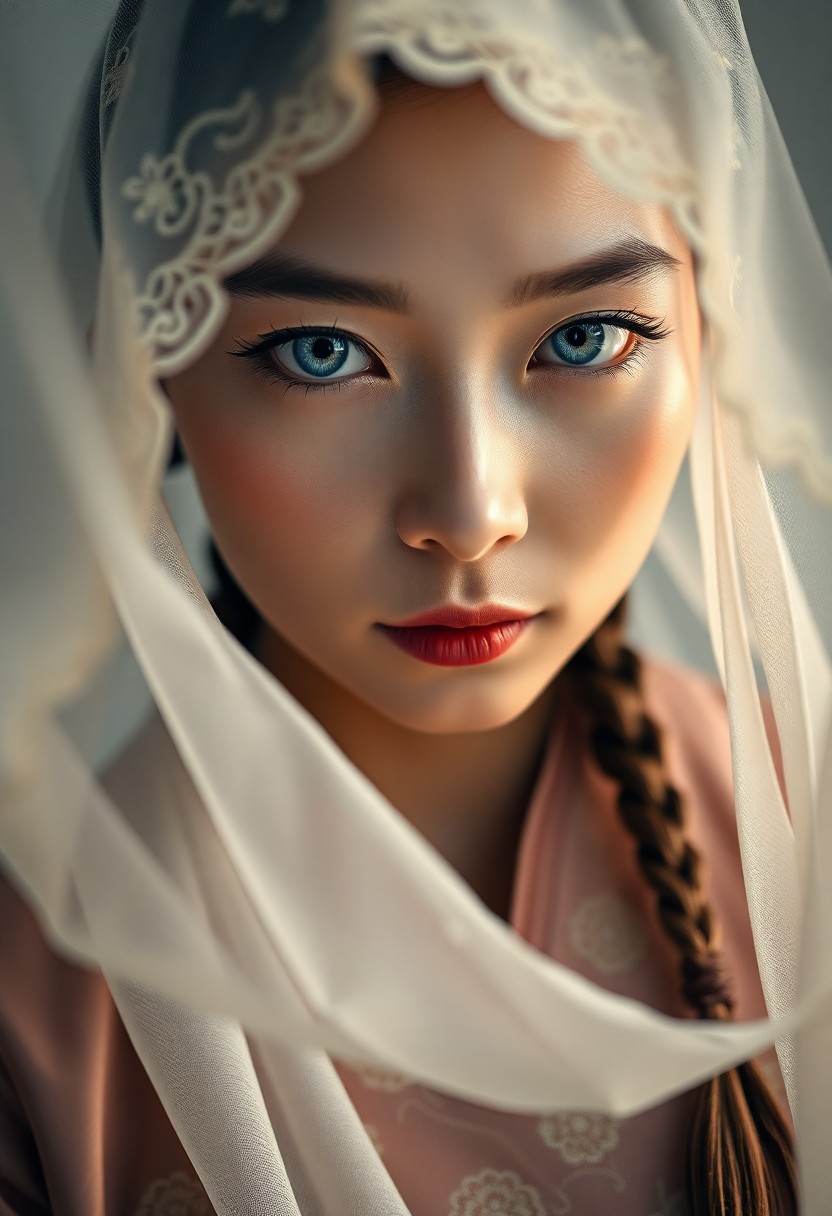 AI generated art for prompt: A hyperrealistic portrait showcases an East Asian woman with piercing blue eyes, exuding a captivati