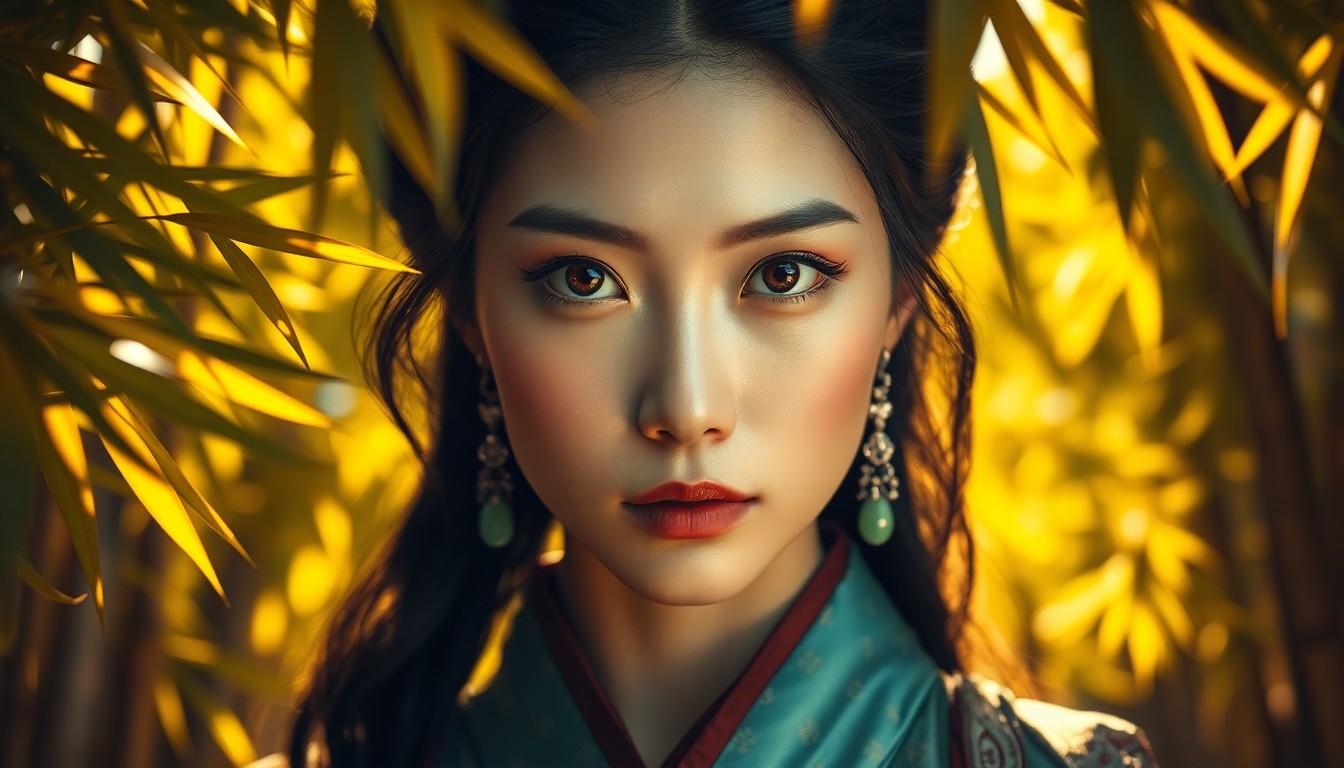 AI generated art for prompt: Step into a captivating portrait of an East Asian woman with delicate features and deep brown eyes, 