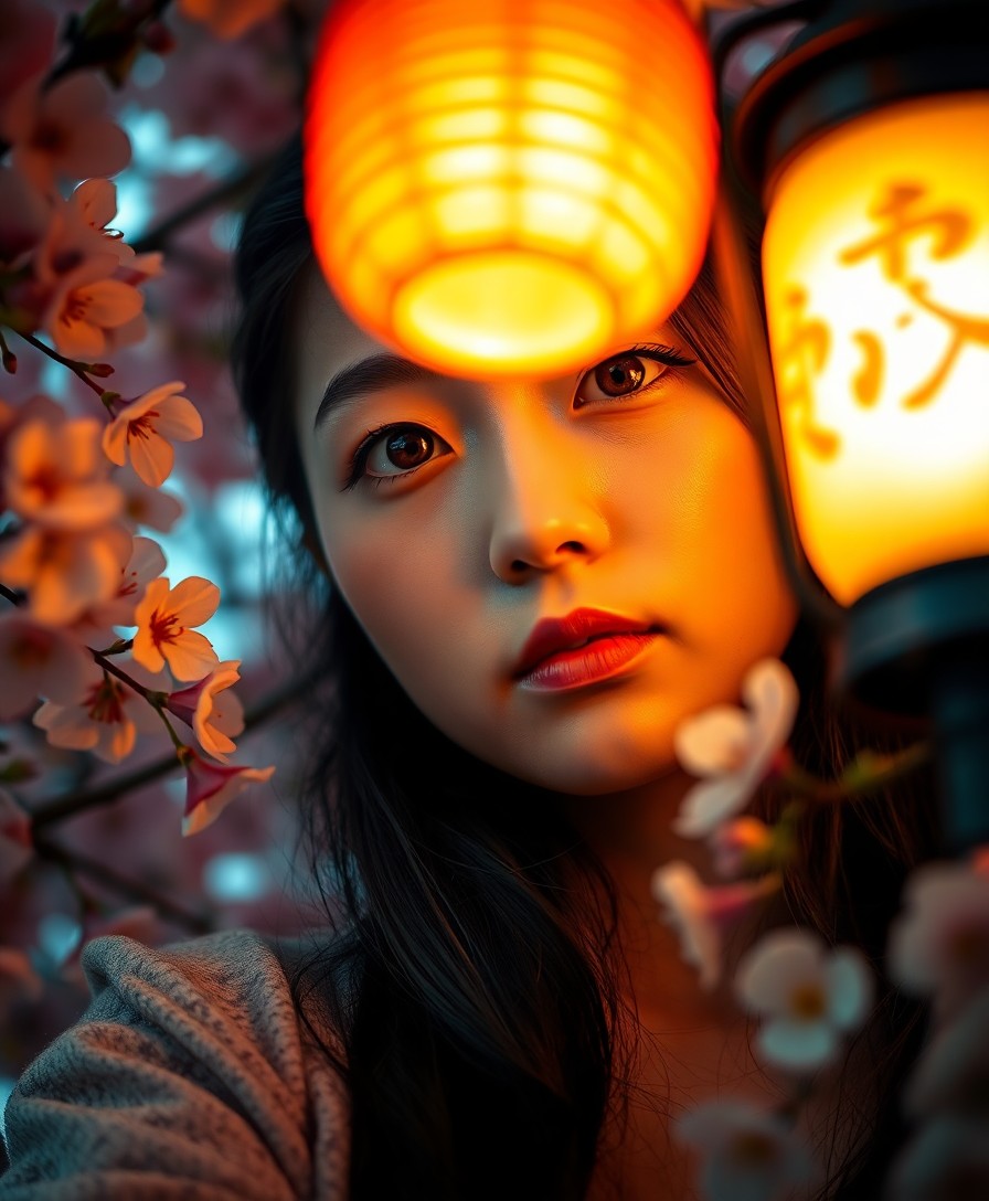 AI generated art for prompt: A portrait photograph showcases a young East Asian woman's enigmatic presence amidst vibrant cherry 