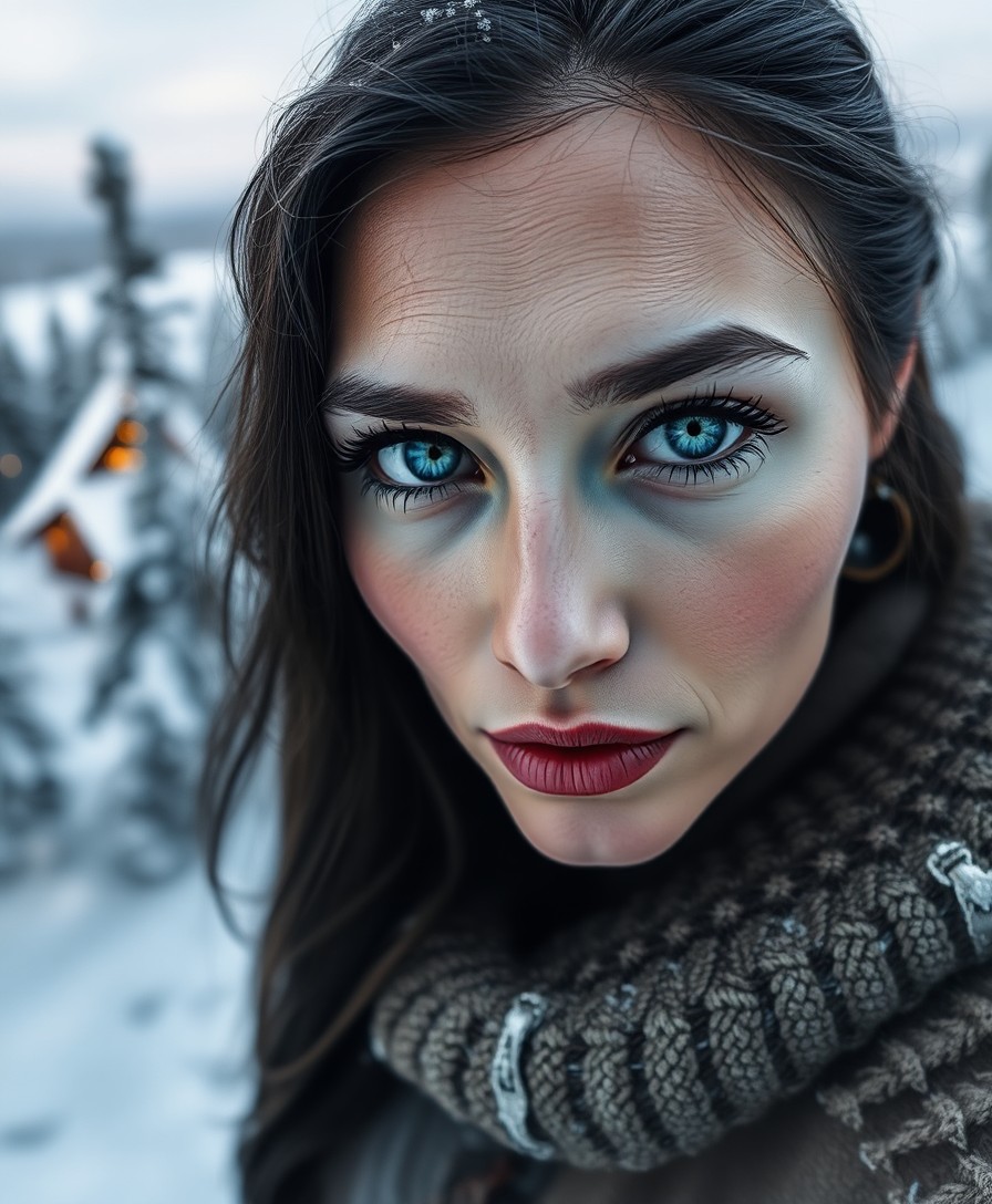 AI generated art for prompt: Envision an enigmatic portrait of a Native American woman with captivating icy blue eyes accentuated