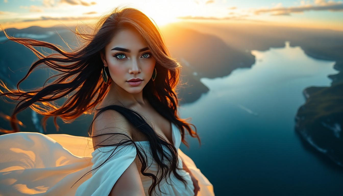 AI generated art for prompt: This super-realistic portrait showcases a Pacific Islander woman with captivating ice-blue eyes and 